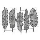 Set of five feather-shaped metal stamps on a white background