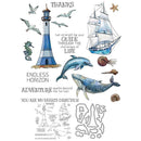 Nautical-themed design with lighthouse, ship, dolphins, whale, and seahorse on a white background.