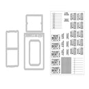 Set of die-cut templates with various shapes and text on a white background