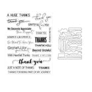 Clear stamp set with various 'thank you' phrases and a die-cut shape on a white background.