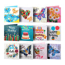 A 12-card set of colorful birthday and thank-you greeting cards arranged in a 3x4 grid on a plain white background. The cards feature various designs including flowers, butterflies, cakes, balloons, and decorative text such as 'Thank you', 'Happy Birthday', and 'Hello'.