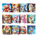 A 12-piece set of diamond painting canvases featuring various festive Christmas and winter-themed animal illustrations, including teddy bears, snowmen, penguins, a cat, a dog, a deer, and an owl, each wearing colorful winter clothing.