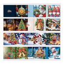 A collage of 16 Christmas-themed diamond painting canvas designs, featuring festive illustrations such as Santa Claus, gnomes, a snowman, a Christmas tree, bells, ornaments, and winter cottages.