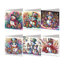 Six Christmas-themed greeting cards arranged in two rows on a white background. Each card features a colorful, whimsical illustration of snowmen wearing top hats and scarves, surrounded by presents and festive decorations.