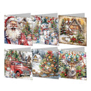 Six Christmas-themed greeting cards arranged in a 2x3 grid on a white background. The designs include Santa Claus, snowmen, a snowy cabin, a red vintage truck, a sleigh, and a decorated deer surrounded by ornaments and trees.
