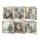 Six vintage-style Christmas greeting cards arranged in two rows on a white background, featuring Santa Claus, a deer, a snowman, and winter landscapes.