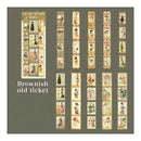 Collection of vintage-style tickets or stamps with 'Gilded Stamps of Yore' branding on a brownish background.