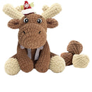 Plush moose toy with a Santa hat on a white background