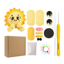 Crochet kit with a sun-shaped plush toy, yarn, needles, and other tools on a white background