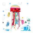 Colorful jellyfish plush toy with ocean-themed background