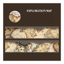 Vintage-style exploration map with 'Medieval Travel' logo on a brown background