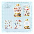 Decorative set with mushroom-themed snow globes and stickers on a light blue background.