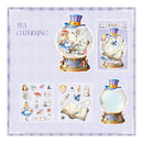 Alice in Wonderland-themed tea party set with snow globe, stickers, and accessories on a light purple background.
