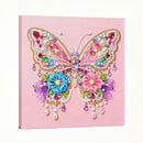 Decorative butterfly with colorful gems and flowers on a pink background