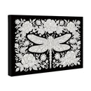 Decorative wall art with a dragonfly and floral design on a black background