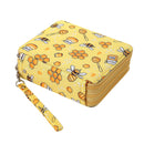 A yellow zippered card holder or wallet with a honeybee and honeycomb pattern, featuring a matching wrist strap, shown on a plain white background.
