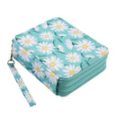 A square zippered pouch with a daisy floral print in mint green, white, and yellow, featuring a matching wristlet strap attached on the left side.