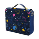 A rectangular lunch bag with a dark navy blue space-themed print featuring planets, stars, and crescent moons in pink, yellow, blue, and white. It has a top handle and dual side zippers.