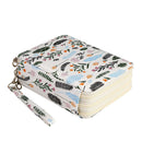 A square zippered card holder or wallet with a colorful botanical leaf pattern on a white background, featuring a matching wristlet strap and silver-tone metal hardware.