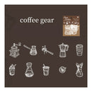 Illustrations of coffee-making equipment on a dark background with 'coffee gear' text.