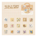 Collection of bird-themed soft plush toys on a grid with packaging labeled 'Birds in Flight and the Wind'.
