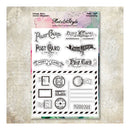 Sheet of clear stamps with vintage-style postcard and envelope designs on a textured background.