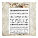 Sheet of decorative paper strips with vintage-style patterns on a textured beige background.