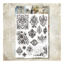 Sheet of decorative stamps with vintage-style designs on a textured background