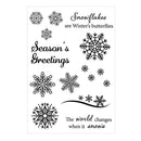 Collection of black snowflake designs and winter-themed text on a white background