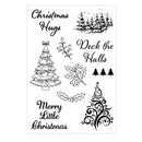 Set of black Christmas-themed stamps with trees, holly, and text on a white background
