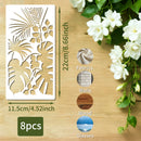 Decorative stencils with floral patterns on a wooden surface with flowers and measurement details.
