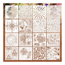 Set of 16 decorative stencils with various patterns on a wooden surface.