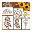 Set of sunflower-themed stencils on a wooden background with real sunflowers.