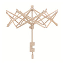 A light natural wood retractable patio umbrella frame with a central pole and adjustable crisscross canopy, isolated on a white background.
