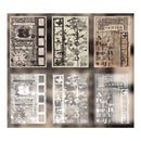 Set of six decorative panels with vintage-style designs on a metallic background