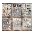 Set of six framed newspaper clippings on a white background