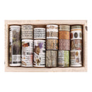 Set of washi tape rolls in a wooden box with various designs.