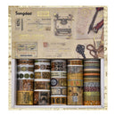 Set of washi tape rolls in a decorative box with typewriter and letter design.