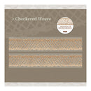 Checkered weave lace with 'Whispers of Wicker Weaves' branding on a brown background