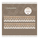 Packaging of 'Embraided' lace trim with brand logo on a brown background