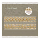 Gold floral mesh lace with 'Whispers of Wicker Weaves' branding on a gray background