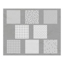 Set of eight square pattern tiles on a gray background