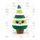 Crocheted Christmas tree ornament with a face on a white background