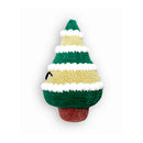 Crocheted Christmas tree toy with green, beige, and red colors on a white background