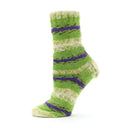 Green and purple striped sock on a white background
