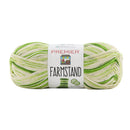 Green and white yarn ball with 'Premier Farmstand' label on a white background