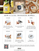 Step-by-step guide on how a luxe transfer works with images of a jar, candle, and perfume bottle.