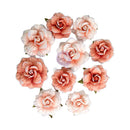 A set of ten artificial peach and pink fabric roses with white glitter accents, arranged on a plain white background.