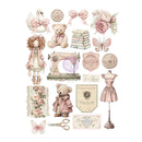 A collection of vintage-style decorative stickers or decals featuring a soft pastel palette, including a swan, teddy bear, flowers, sewing machine, dress form, scissors, and Paris-themed labels on a white background.