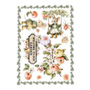 A decorative garden-themed illustration sheet featuring a mouse on a swing, a mouse holding an apple, flowers, leaves, apples, and a sign that reads “WELCOME TO OUR GARDEN.” The artwork is framed by a leafy border on a white background.